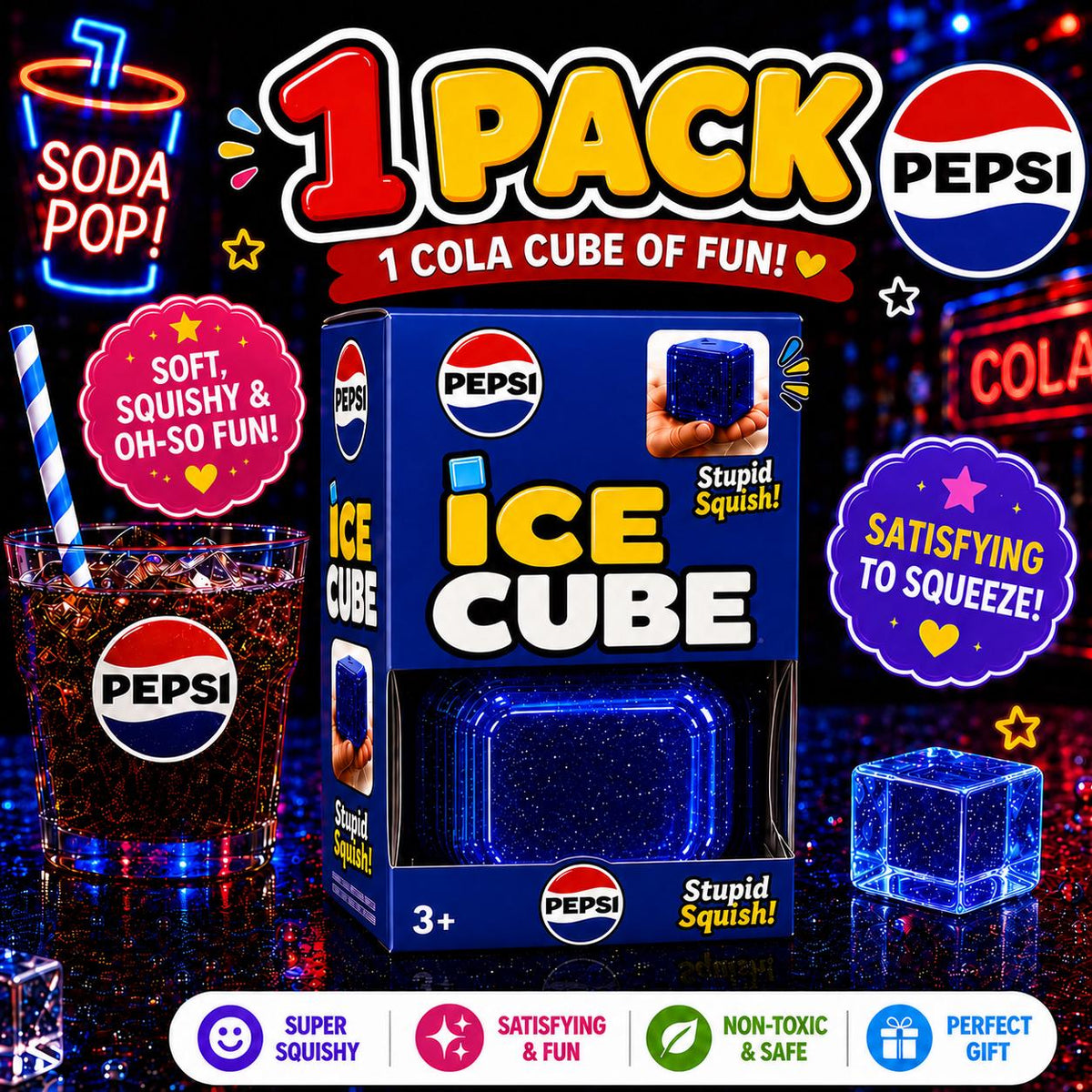 NeeDoh Nice Cube Pepsi Soda Edition Squishy Ice Cube Fidget Stress Relief Toy Kids Gift Ages 3+