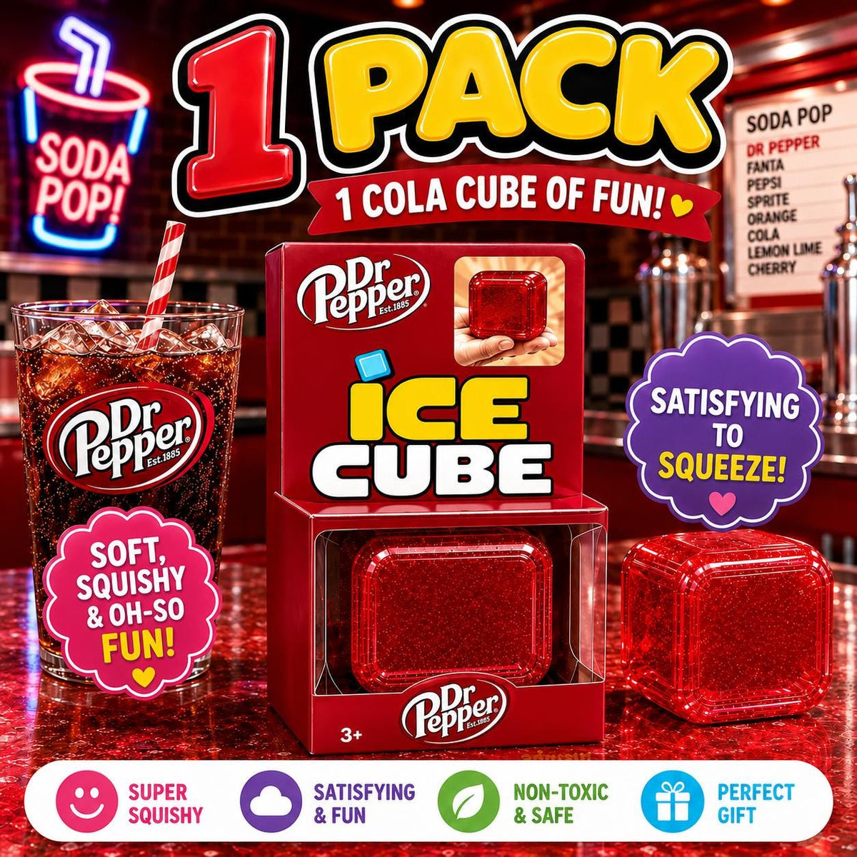 NeeDoh Nice Cube Dr Pepper Soda Edition Squishy Ice Cube Fidget Stress Relief Toy Gift Ages 3+