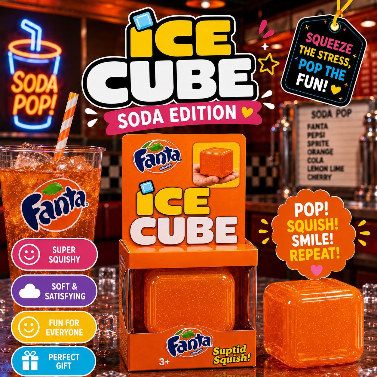NeeDoh Nice Cube Fanta Soda Edition Squishy Ice Cube Fidget Stress Relief Toy Kids Gift Ages 3+