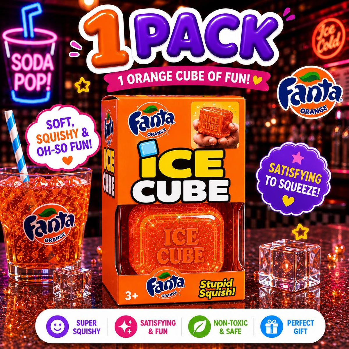NeeDoh Nice Cube Fanta Soda Edition Squishy Ice Cube Fidget Stress Relief Toy Kids Gift Ages 3+
