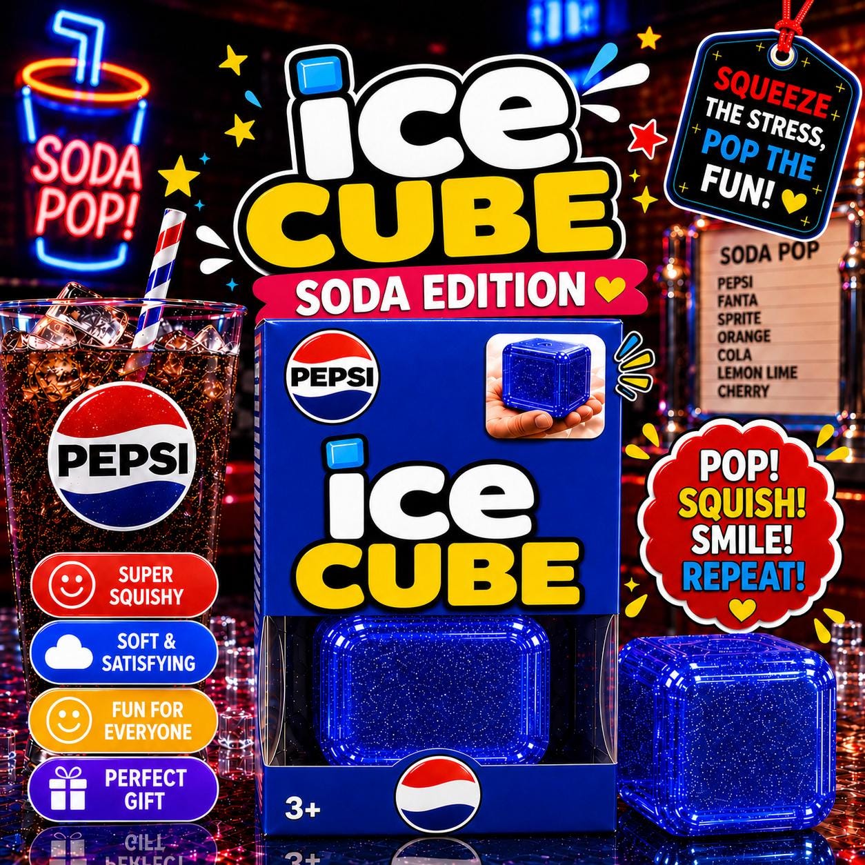 NeeDoh Nice Cube Pepsi Soda Edition Squishy Ice Cube Fidget Stress Relief Toy Kids Gift Ages 3+