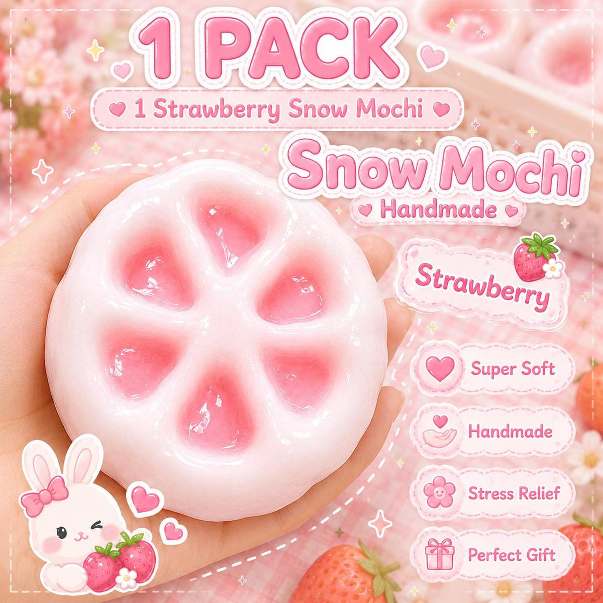 Strawberry Snow Mochi Squishy Handmade Crunchy Sand Hidden Color Reveal ASMR Sensory Gift