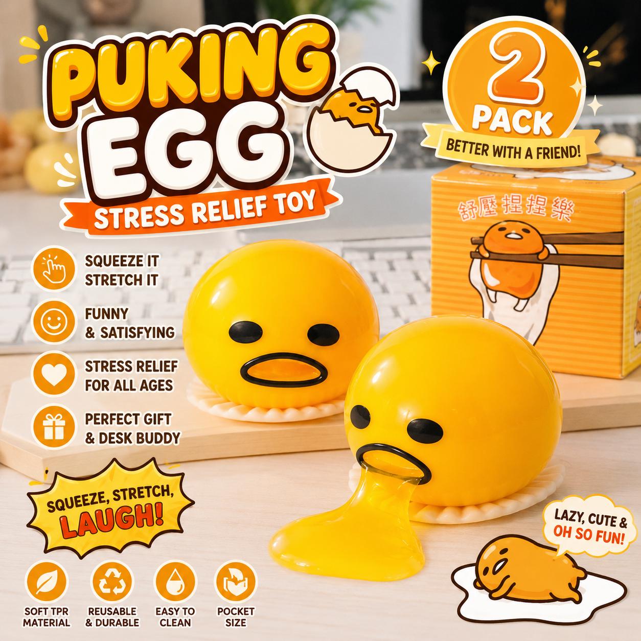 Puking Egg Stress Relief Toy: Funny Squeeze Yolk Fidget Desk Buddy (2 Pack)